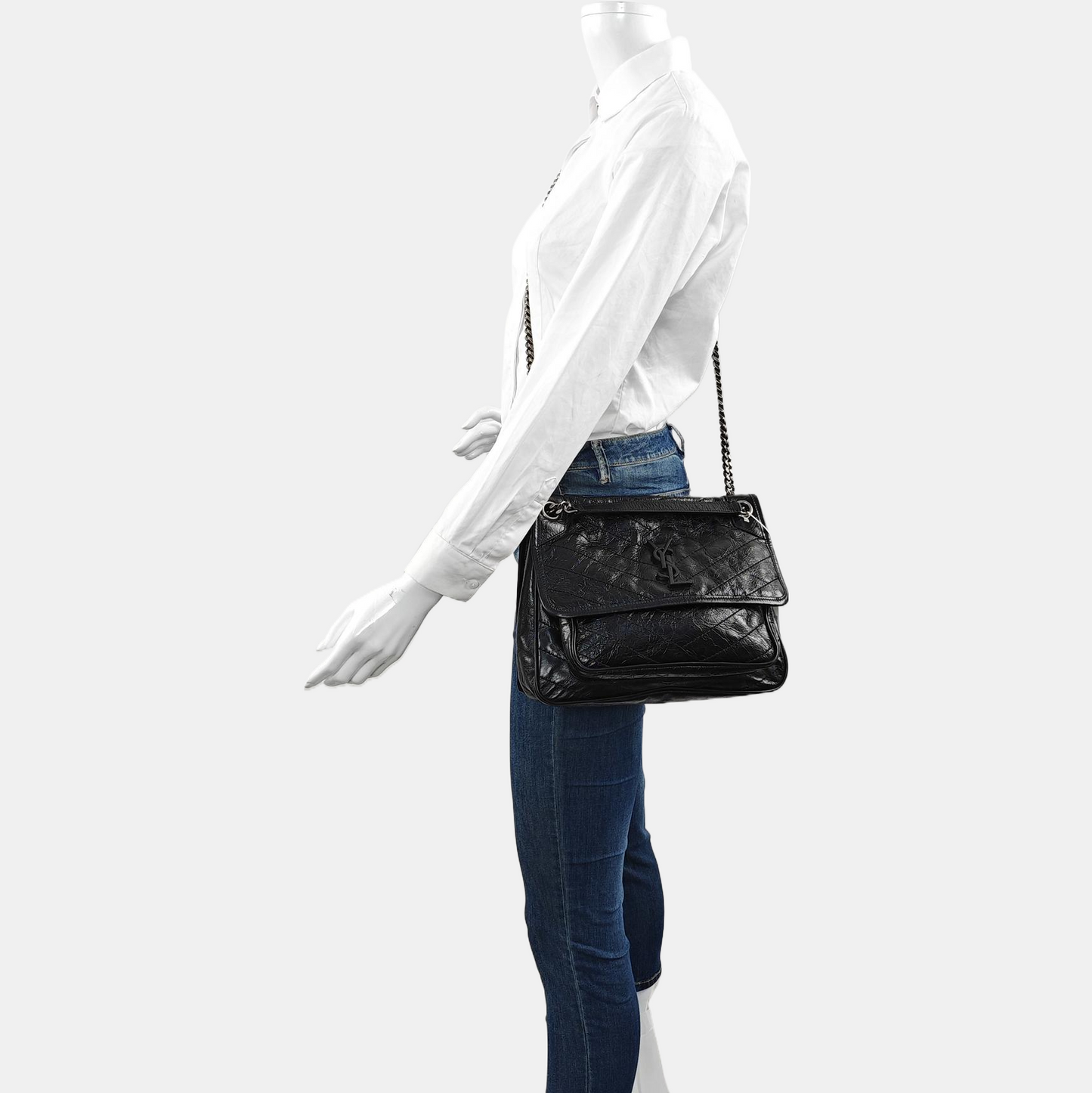 YSL NIKI Medium Black Calfskin Quilted V-Stripe Shoulder Bag and Crossbody with Black Rhodium-Plated Hardware-(SKU)-971324466