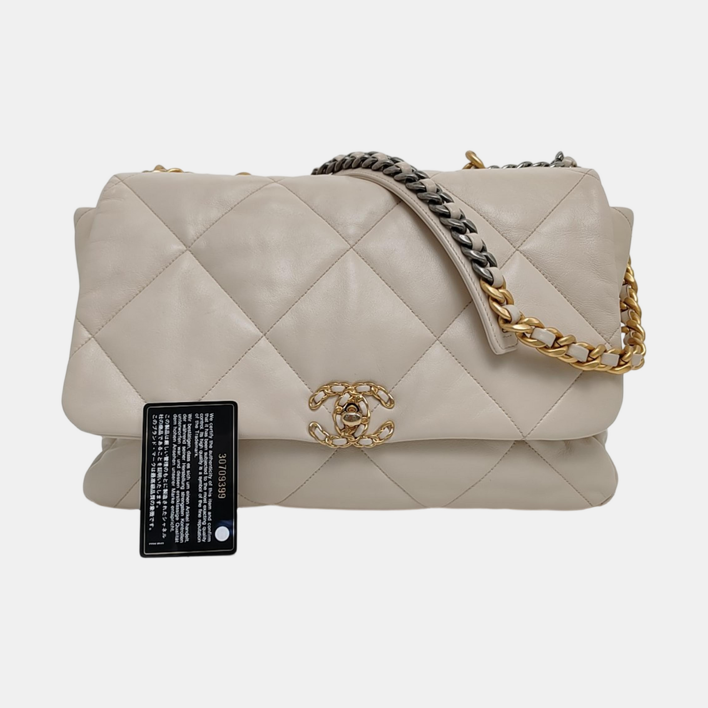 CHANEL CHANEL 19 Maxi Super Large White Lamb Skin Quilted Shoulder Bag Tote Bag Crossbody Golden Silver Ruthenium Hardware 30cm-(SKU)-971521605