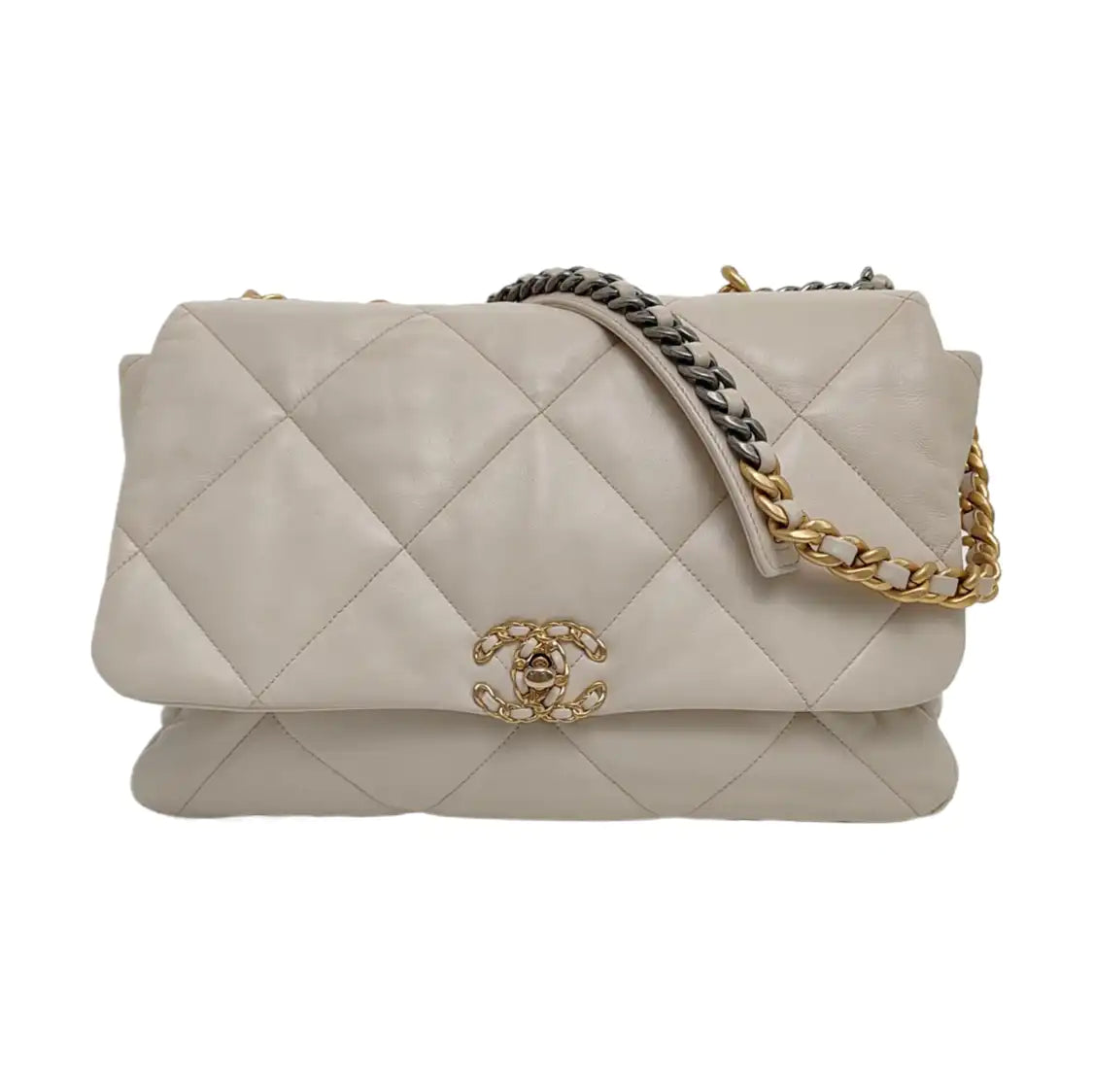 CHANEL CHANEL 19 Maxi Super Large White Lamb Skin Quilted Shoulder Bag Tote Bag Crossbody Golden Silver Ruthenium Hardware 30cm-(SKU)-971521605