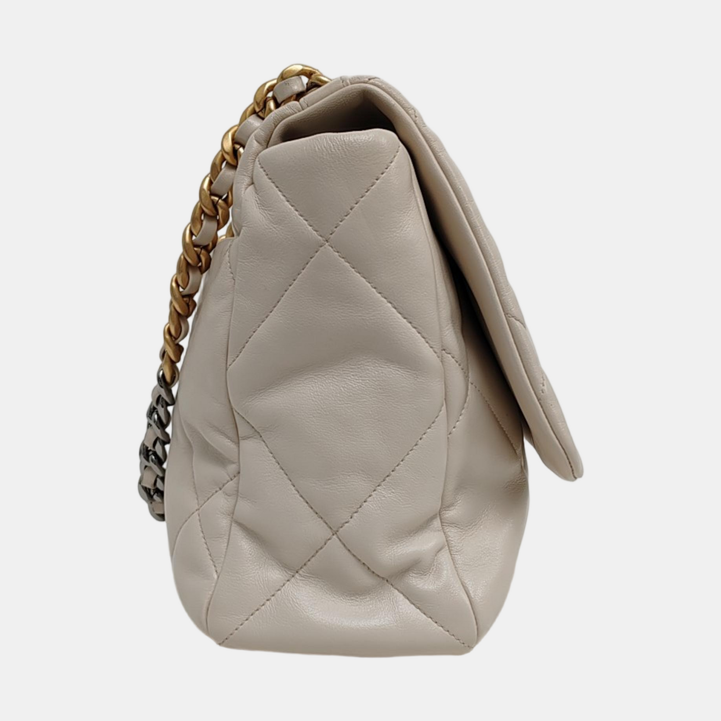 CHANEL CHANEL 19 Maxi Super Large White Lamb Skin Quilted Shoulder Bag Tote Bag Crossbody Golden Silver Ruthenium Hardware 30cm-(SKU)-971521605
