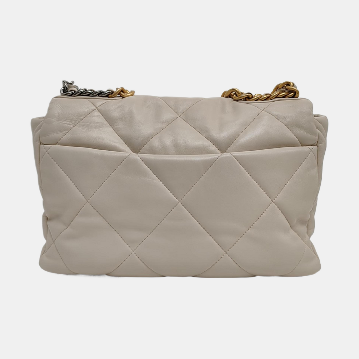 CHANEL CHANEL 19 Maxi Super Large White Lamb Skin Quilted Shoulder Bag Tote Bag Crossbody Golden Silver Ruthenium Hardware 30cm-(SKU)-971521605