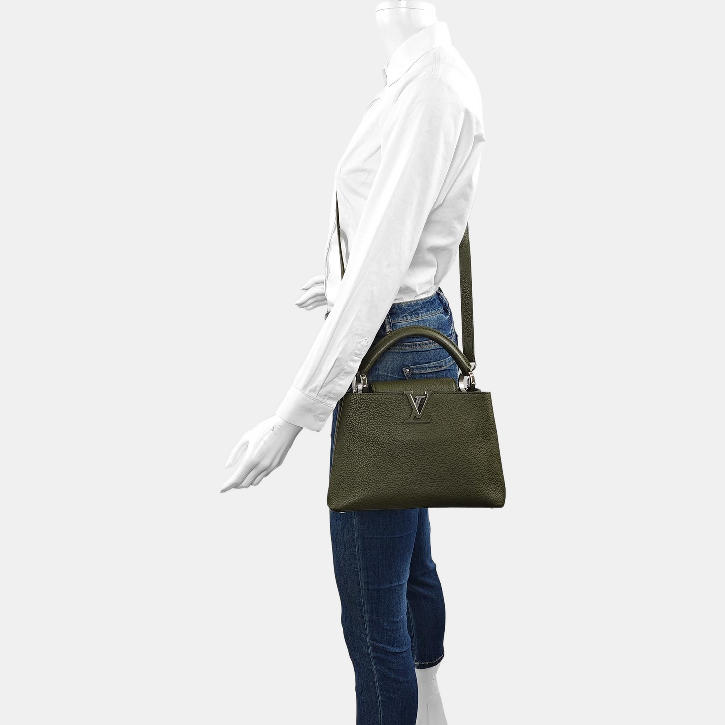 LOUIS VUITTON CAPUCINES BB Dark Green Calfskin Shoulder Bag Tote Crossbody Bag with Detachable Strap-(SKU)-971490700