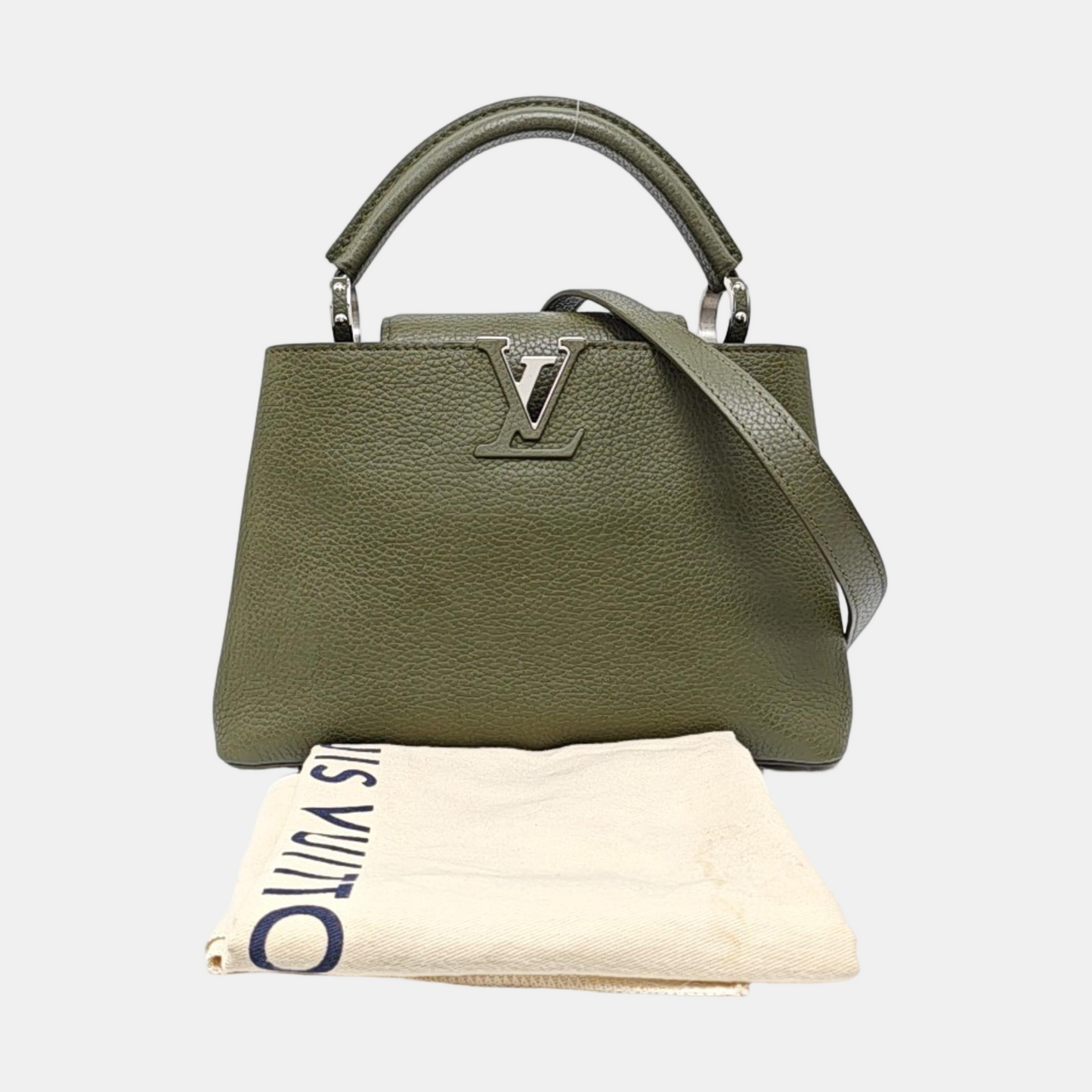 LOUIS VUITTON CAPUCINES BB Dark Green Calfskin Shoulder Bag Tote Crossbody Bag with Detachable Strap-(SKU)-971490700