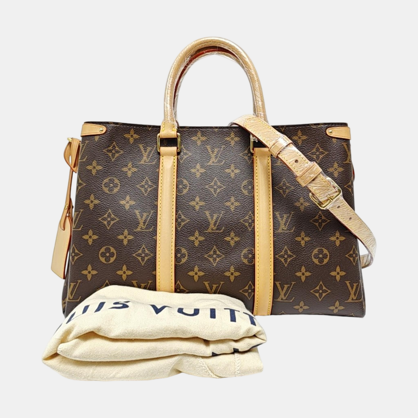 LOUIS VUITTON SOUFFLOT Medium Brown Monogram Canvas Shoulder Bag with Shoulder Strap and Handle, Gold Hardware, Detachable Strap-(SKU)-971657568
