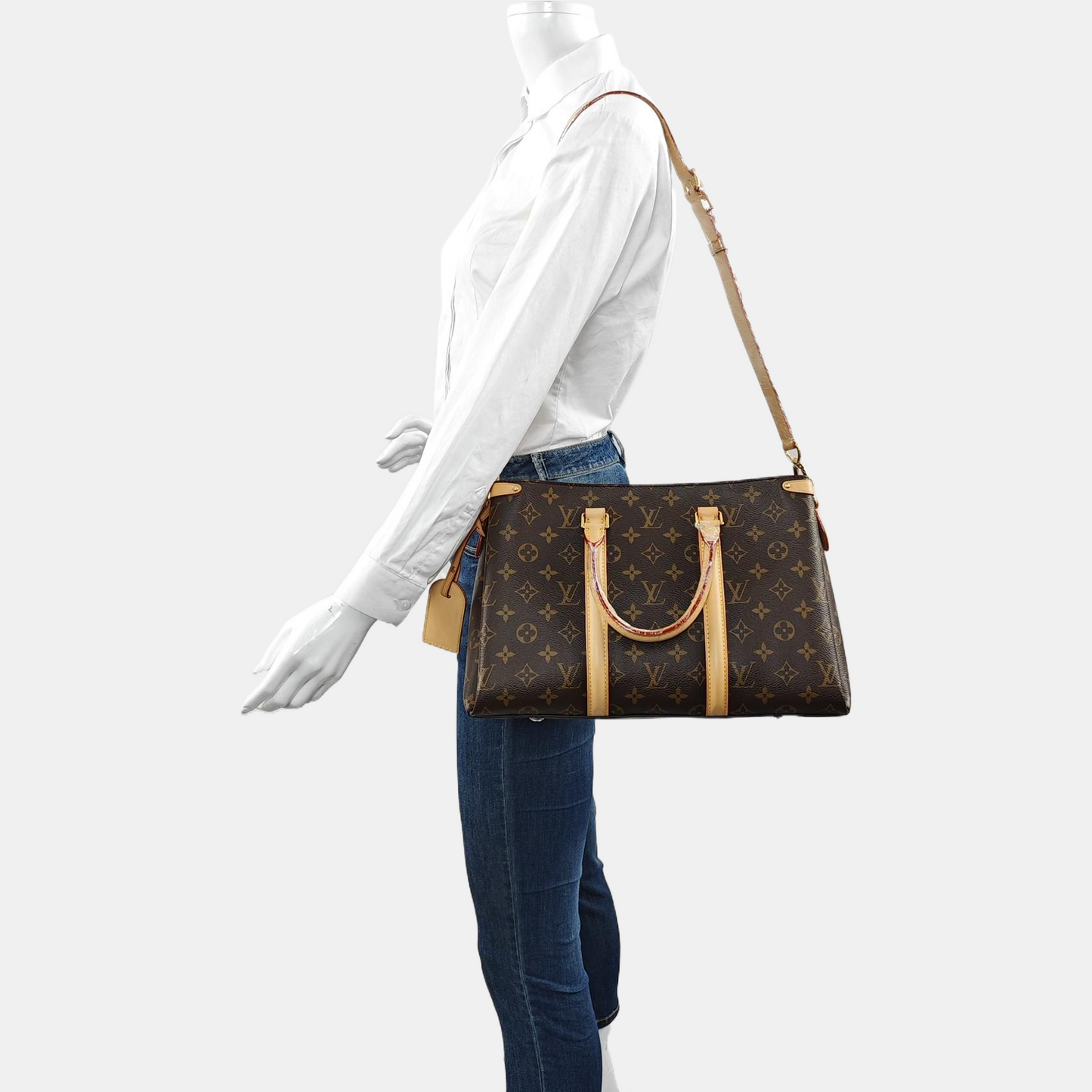 LOUIS VUITTON SOUFFLOT Medium Brown Monogram Canvas Shoulder Bag with Shoulder Strap and Handle, Gold Hardware, Detachable Strap-(SKU)-971657568