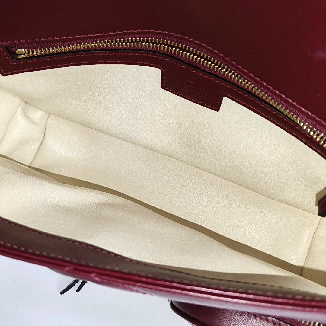 GUCCI GG Marmont Small Burgundy Calfskin Quilted Wave Pattern Crossbody Bag with Gold Hardware-(SKU)-971223206