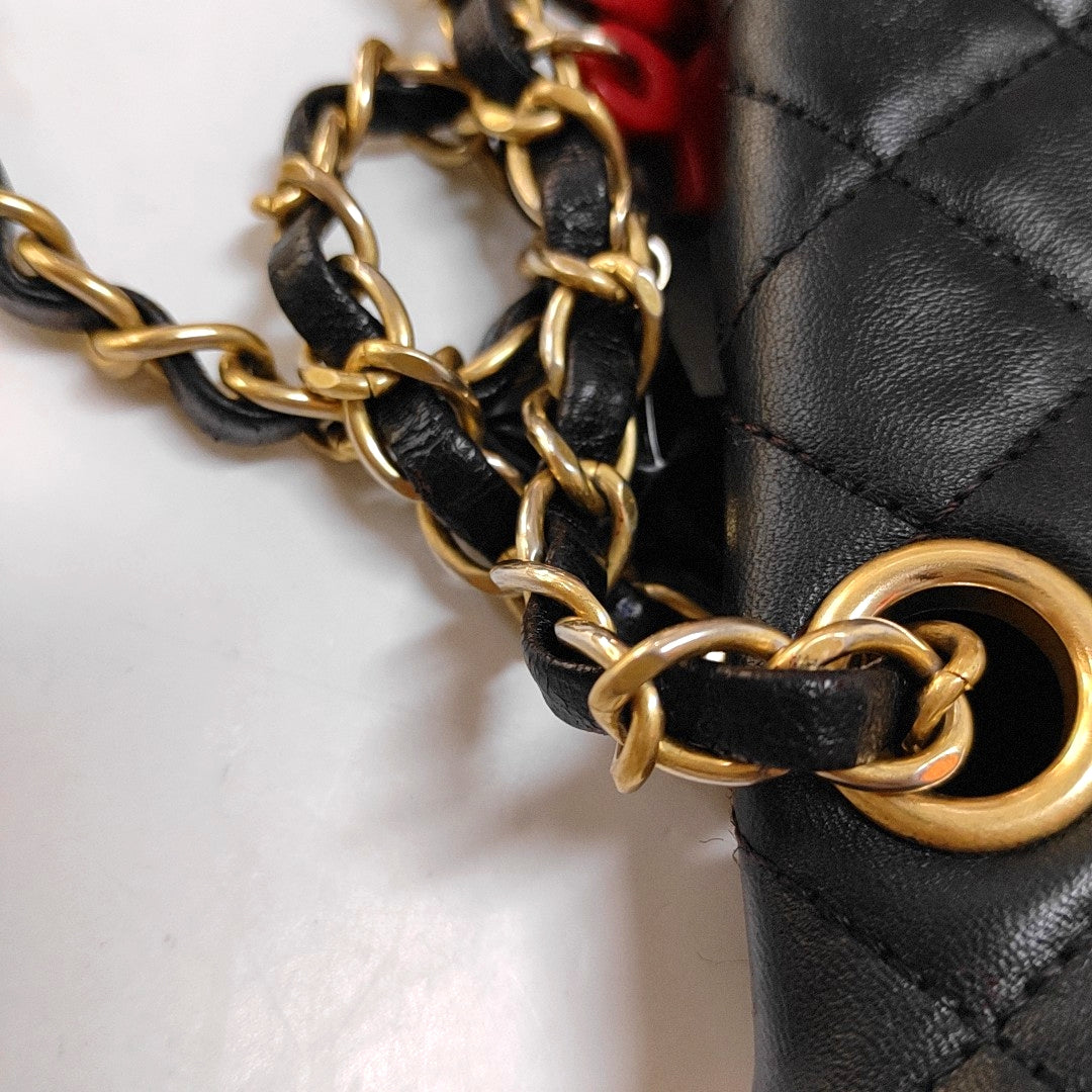 CHANEL CLASSIC FLAP Medium-sized Black Lamb Skin Quilted Monogram Crossbody Bag Shoulder Bag 14 Clasp Golden Hardware-(SKU)-970125133