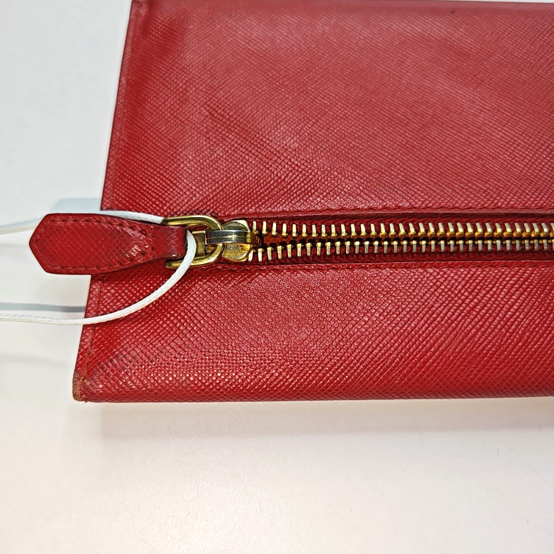 PRADA Red cowhide logo cross-grain wallet Golden hardware-(SKU)-936291107