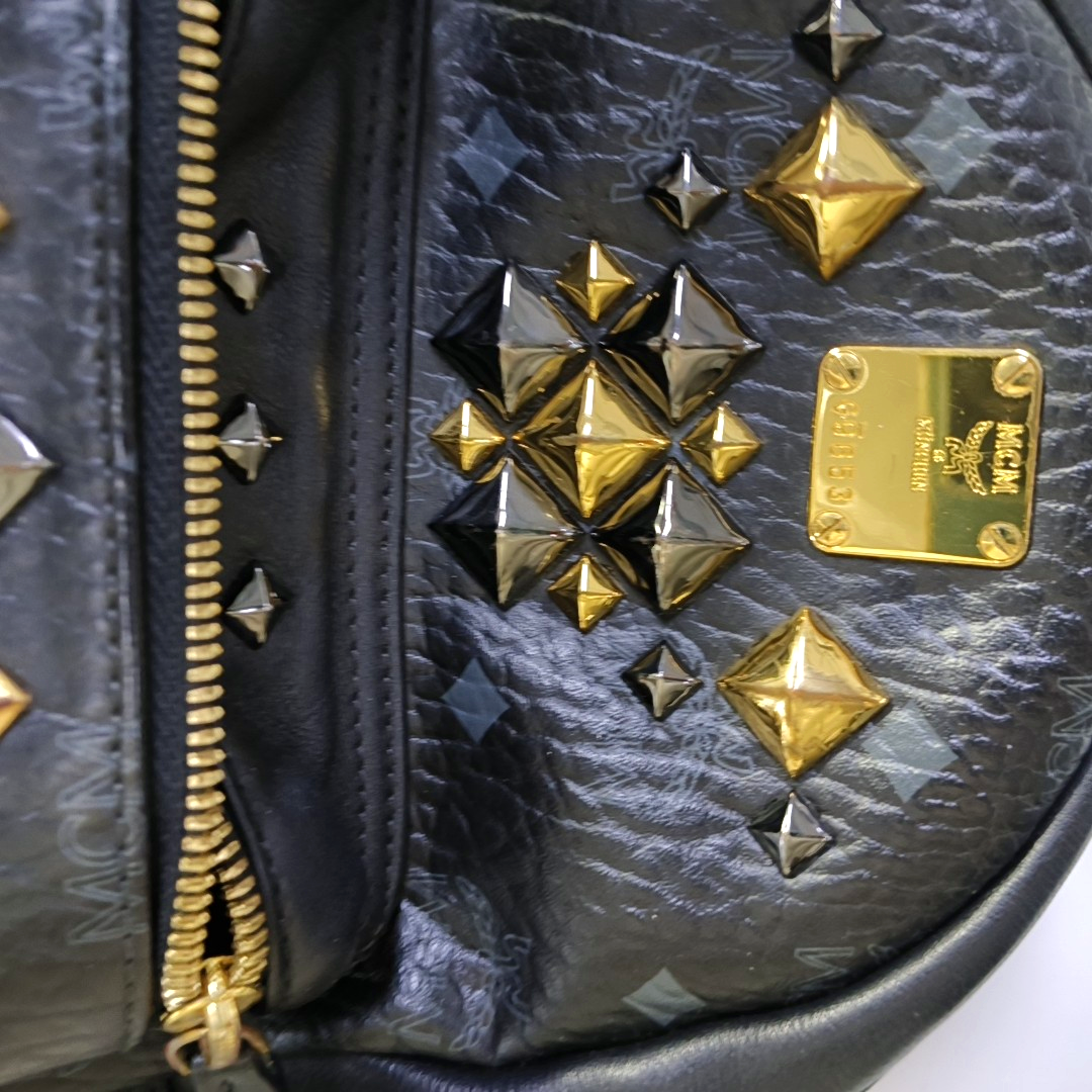 MCM STARK mini Black Coated Canvas Monogram Studs Backpack Golden hardware-(SKU)-940746737