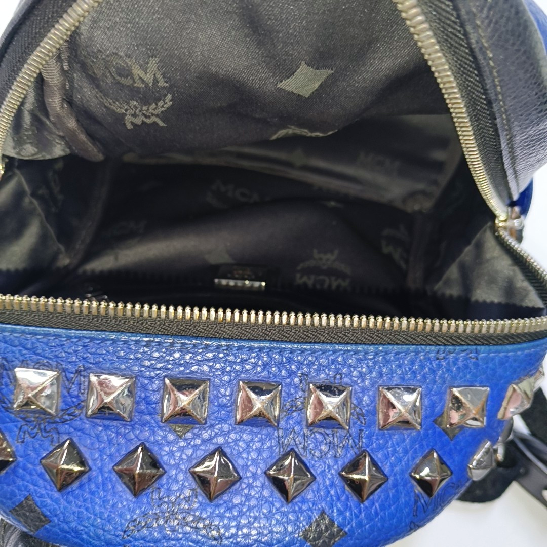 MCM STARK mini Blue Coated Canvas Monogrammed Stud Double Backpack Silver Black Hardware-(SKU)-943802065