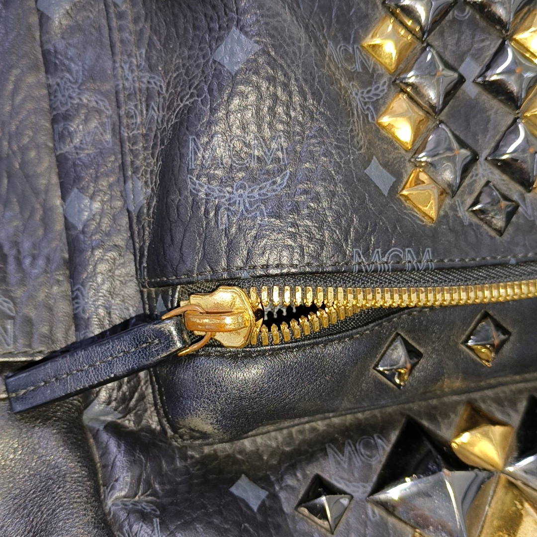 MCM STARK Small size Black Coated Canvas Monogram Studs Backpack Golden hardware-(SKU)-942517154