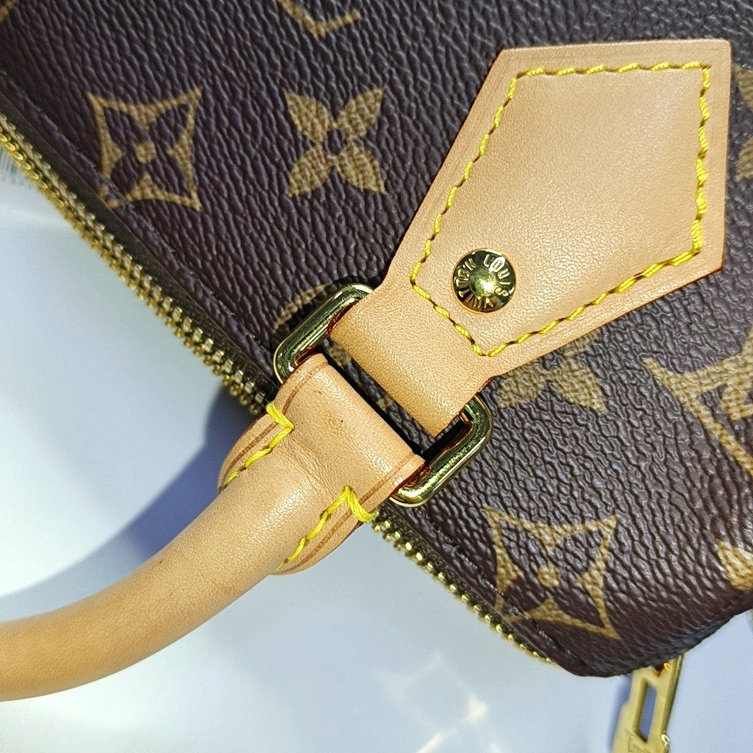LOUIS VUITTON SPEEDY 20 Brown Coated Canvas Monogram Print Single Shoulder Bag Handbag Crossbody Bag Detachable Strap-(SKU)-969020849