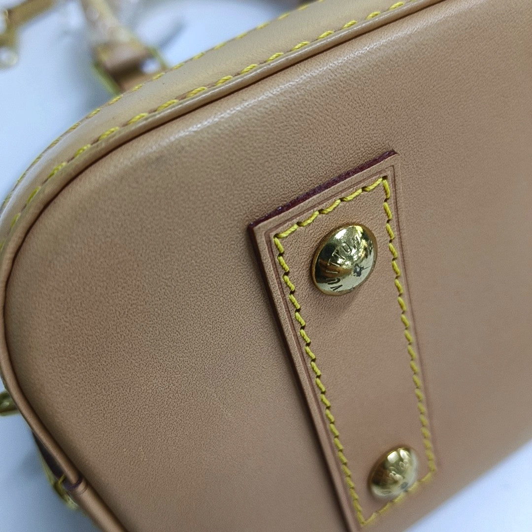 LOUIS VUITTON ALMA BB Brown Coated Canvas Monogram Vernis Shell Bag Single Shoulder Bag Tote Bag Crossbody Bag Gold Hardware Removable Shoulder Strap-(SKU)-963383316