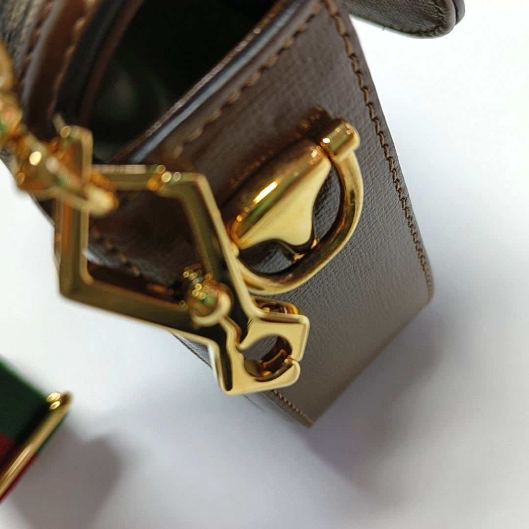 GUCCI Horsebit 1955 Mini Khaki Coated Canvas Shoulder Bag with Horsebit Detail, Gold Hardware, 2 Detachable Shoulder Straps, Complete Accessories-(SKU)-970201463