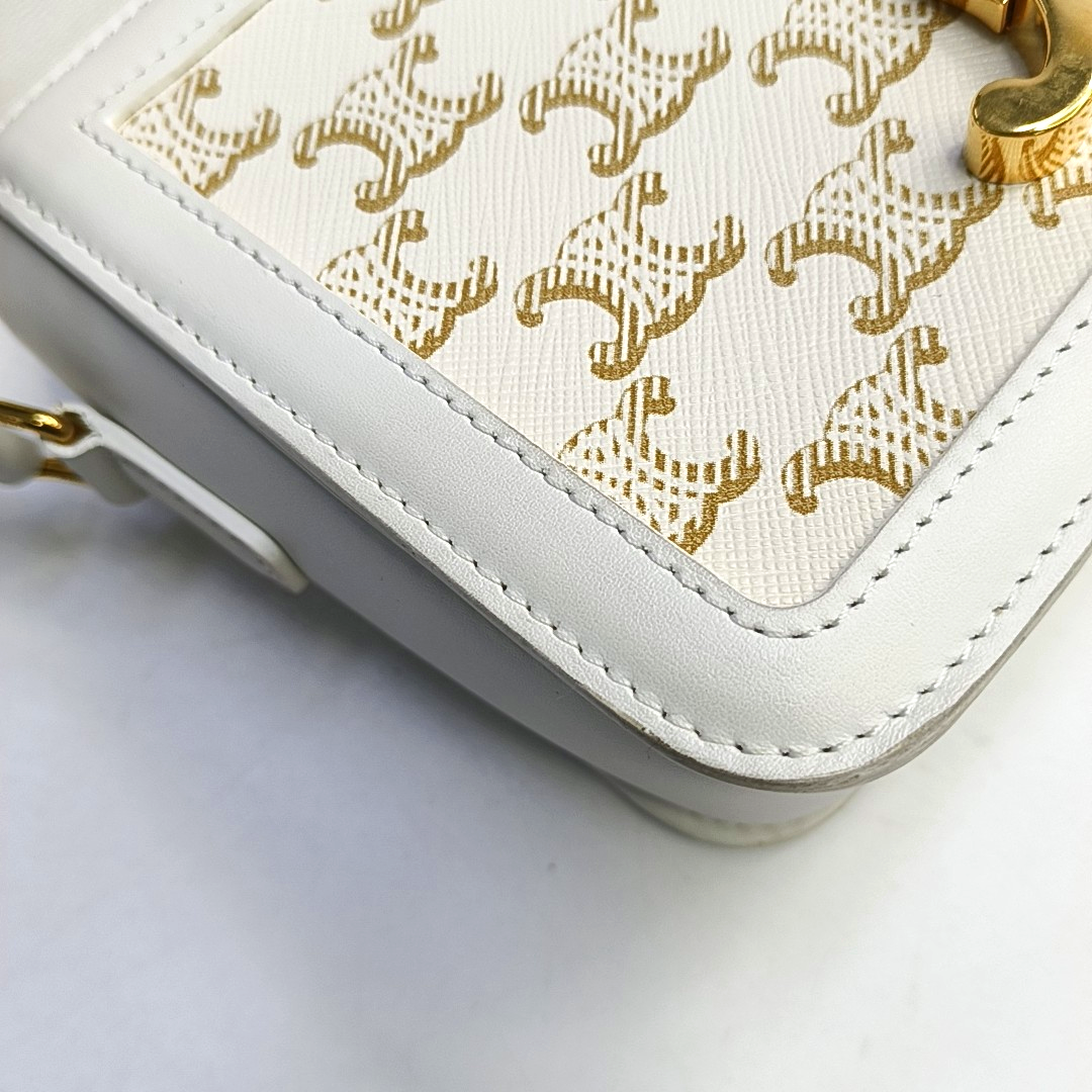 CELINE TRIOMPHE Small White Coated Canvas Triomphe Crossbody Single Shoulder Bag with Gold Hardware-(SKU)-953576570
