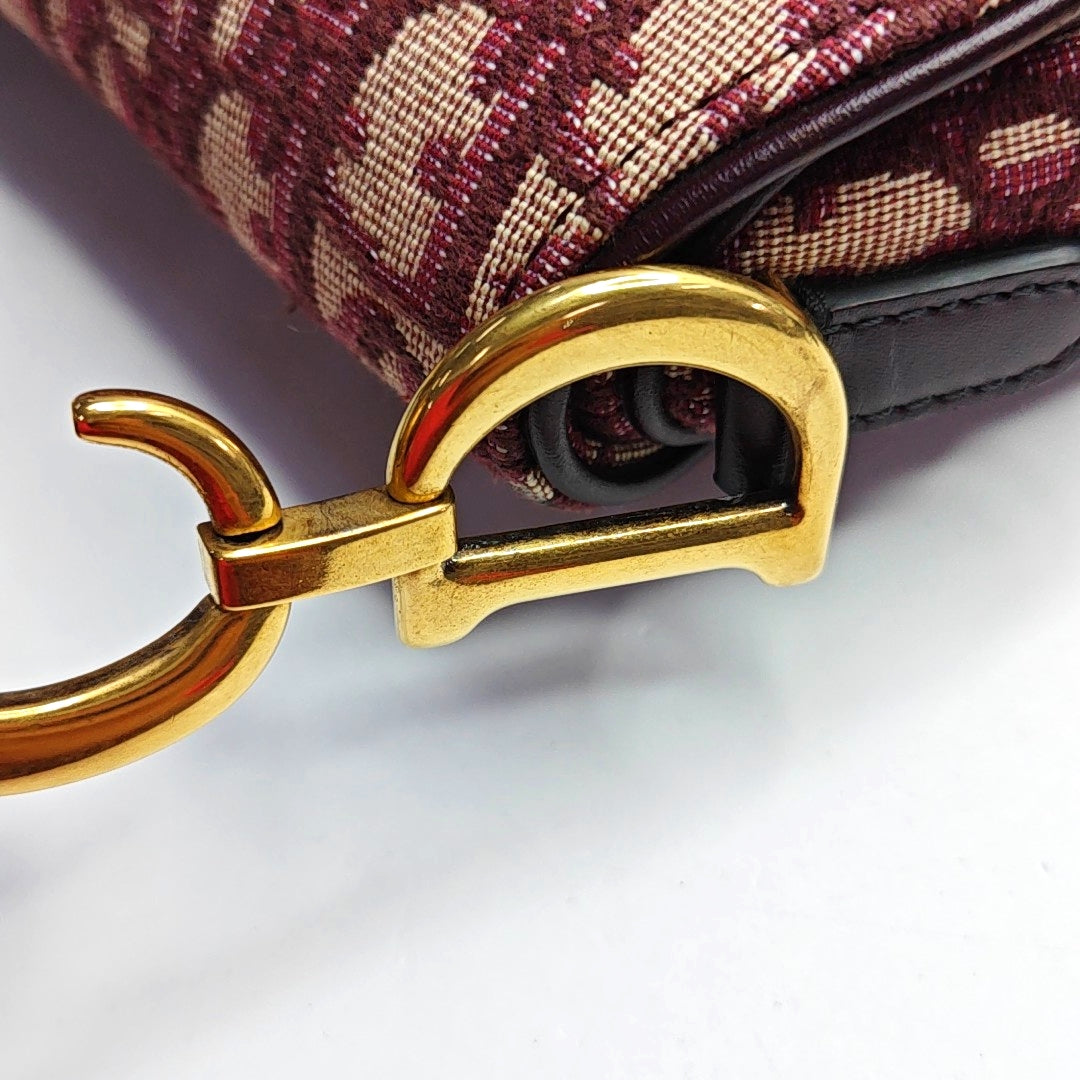 DIOR Saddle Mini Red Canvas Monogram Damier Embossed Saddle Bag, Shoulder Bag, Golden Hardware, Removable Strap-(SKU)-969254795