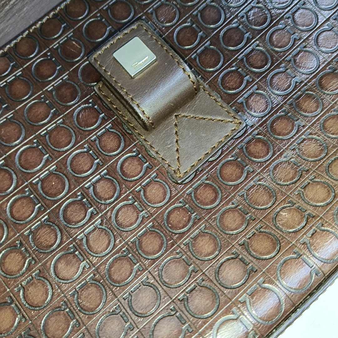 FERRAGAMO Chocolate Brown Leather Embossed Clutch Silver Hardware-(SKU)-942092439
