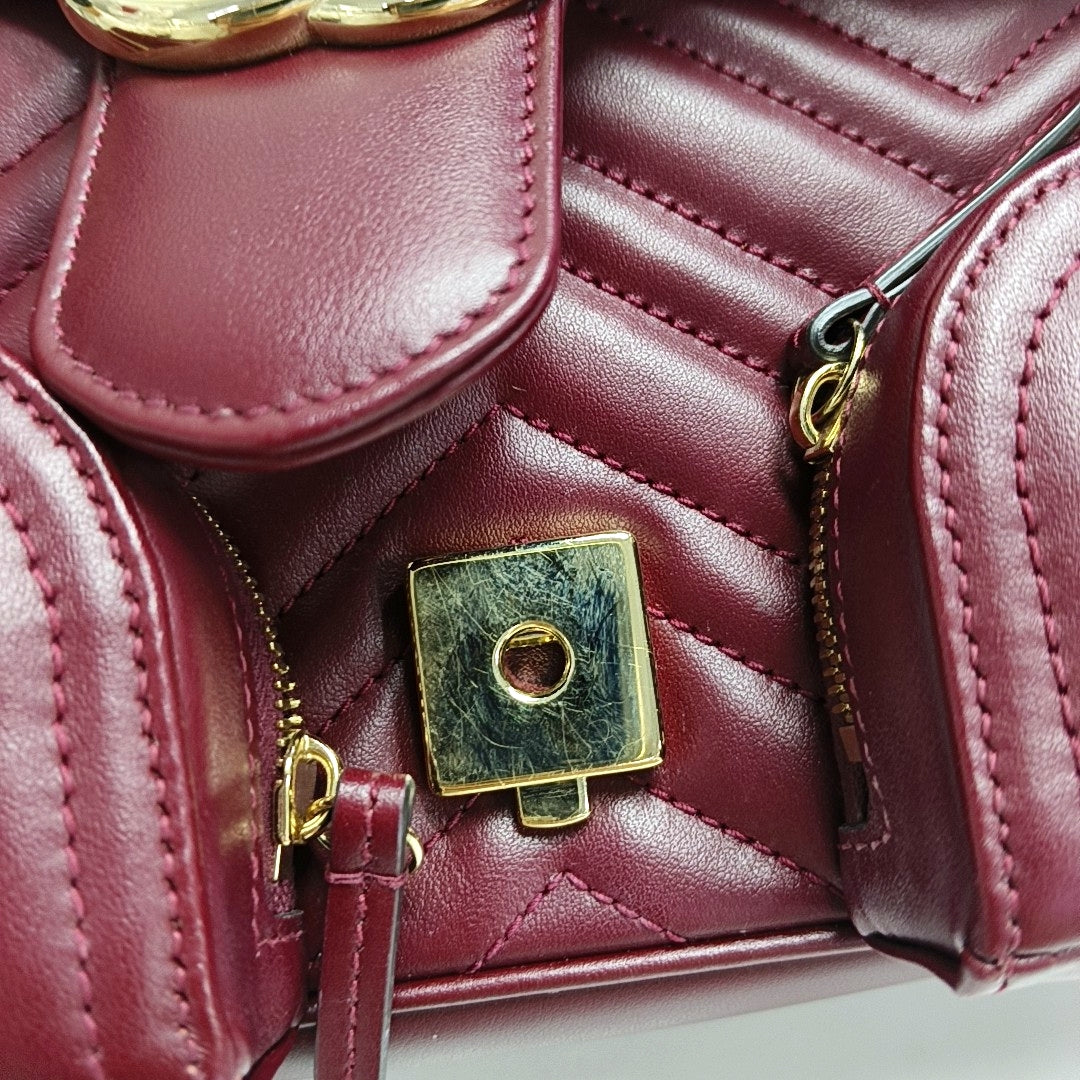 GUCCI GG Marmont Small Burgundy Calfskin Quilted Wave Pattern Crossbody Bag with Gold Hardware-(SKU)-971223206
