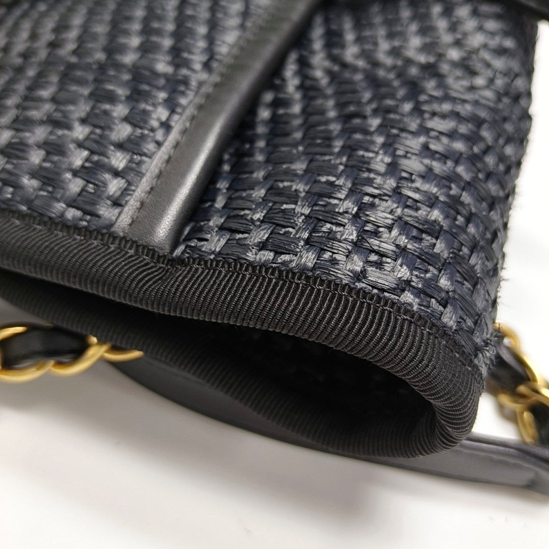 CHANEL DEAUVILLE large size black special material woven beach bag, shoulder bag, handbag with gold hardware and 31 chain links-(SKU)-971090385