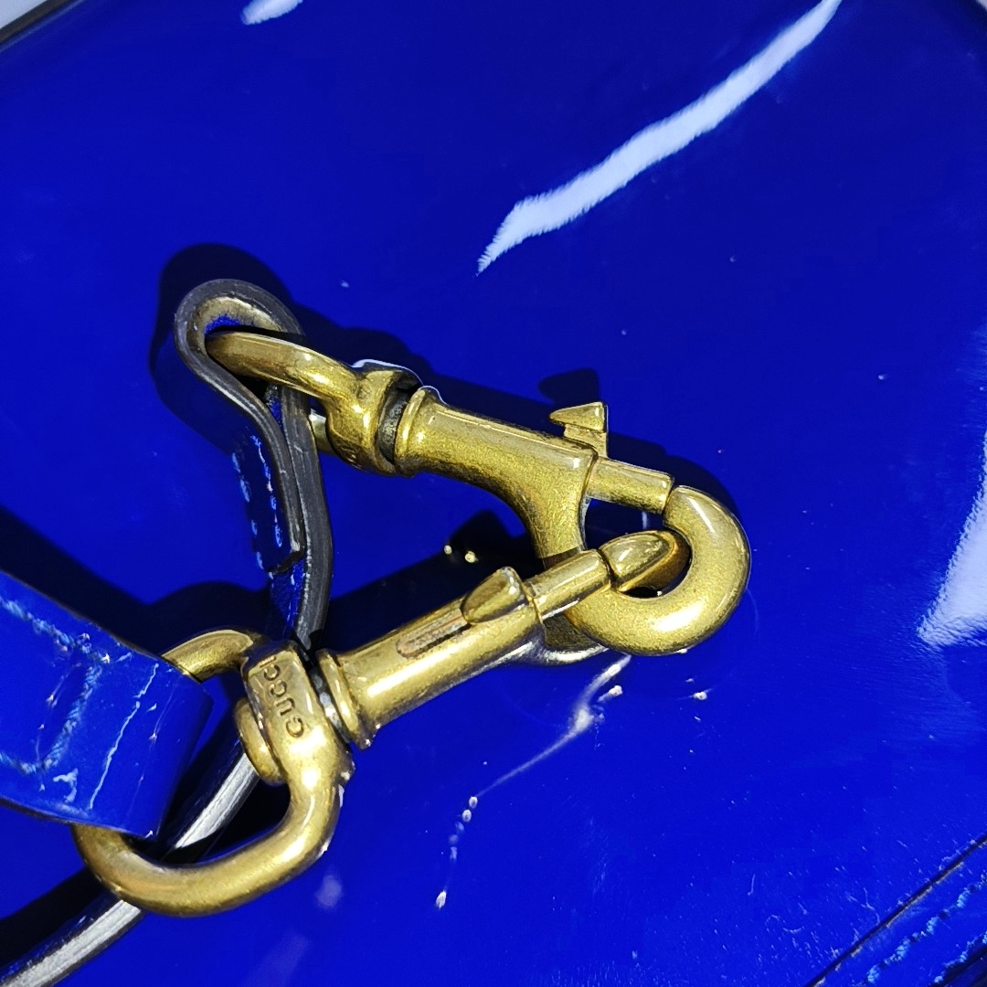 GUCCI Bright Bit Navy Blue Patent Leather Buckle Shoulder Bag Tote Crossbody Golden hardware Removable shoulder strap-(SKU)-939934256