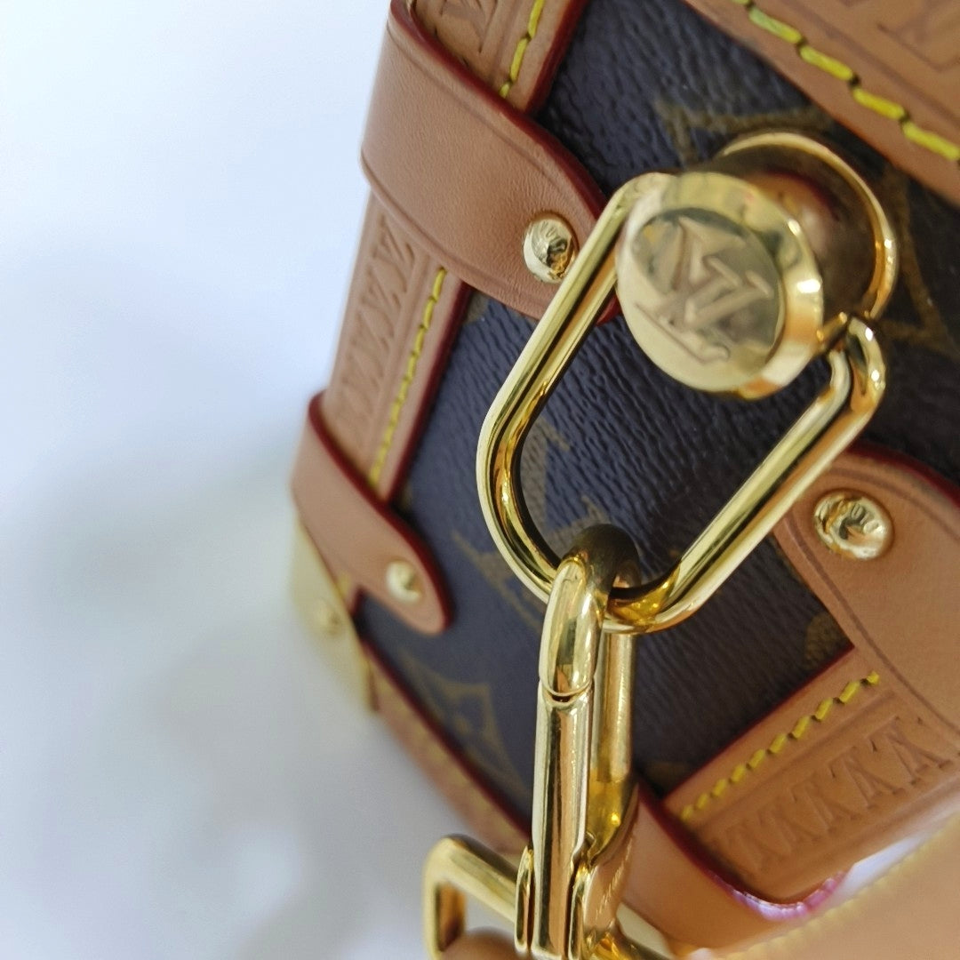 LOUIS VUITTON SIDE TRUNK Small Size Brown Coated Canvas Monogram Embossed Riveted Soft Box Shoulder Bag Tote Bag Crossbody Bag Gold Hardware Two Removable Straps-(SKU)-967707192