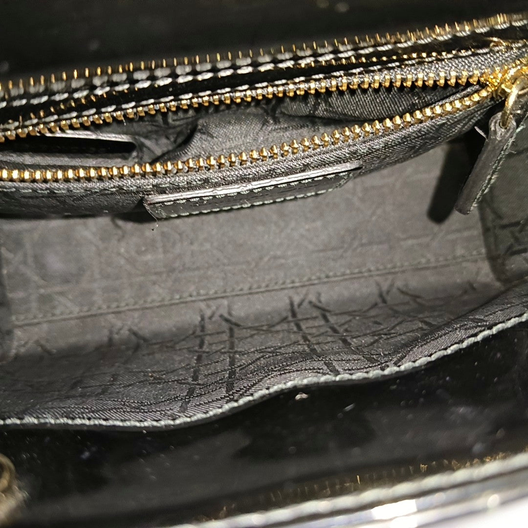 DIOR Lady Dior Mini Black Patent Lamb Skin Quilted Diagonal Bag, Shoulder Bag, Crossbody, Handle Bag with Detachable Strap, Golden Hardware-(SKU)-971167248