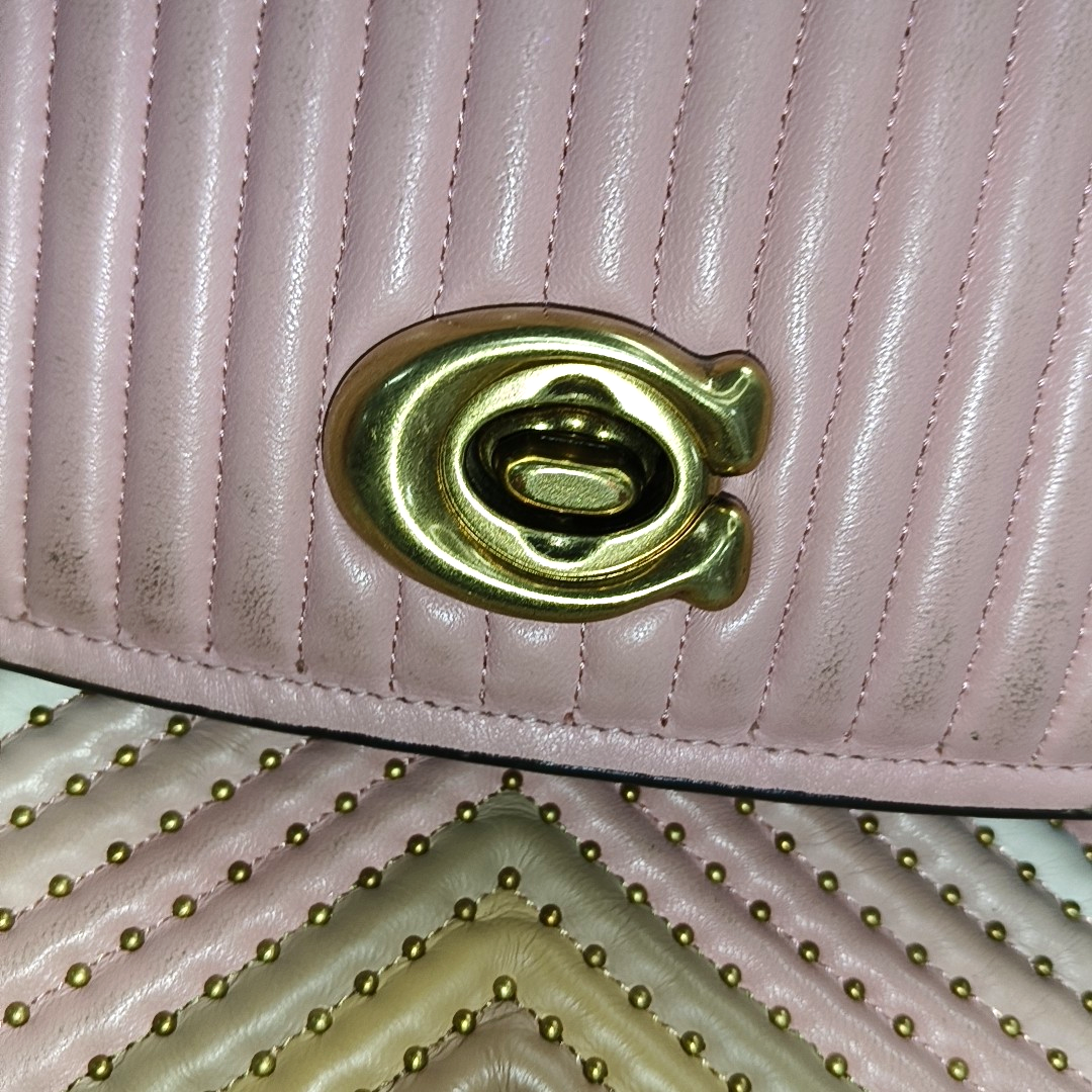 COACH PARKER 26 Pink Leather Stud Quilted Crossbody Shoulder Bag Golden hardware-(SKU)-929655469