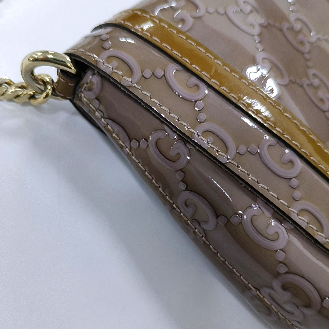 GUCCI Light Purple Patent Leather Monogram Damask Single Shoulder Bag Golden hardware-(SKU)-942136381