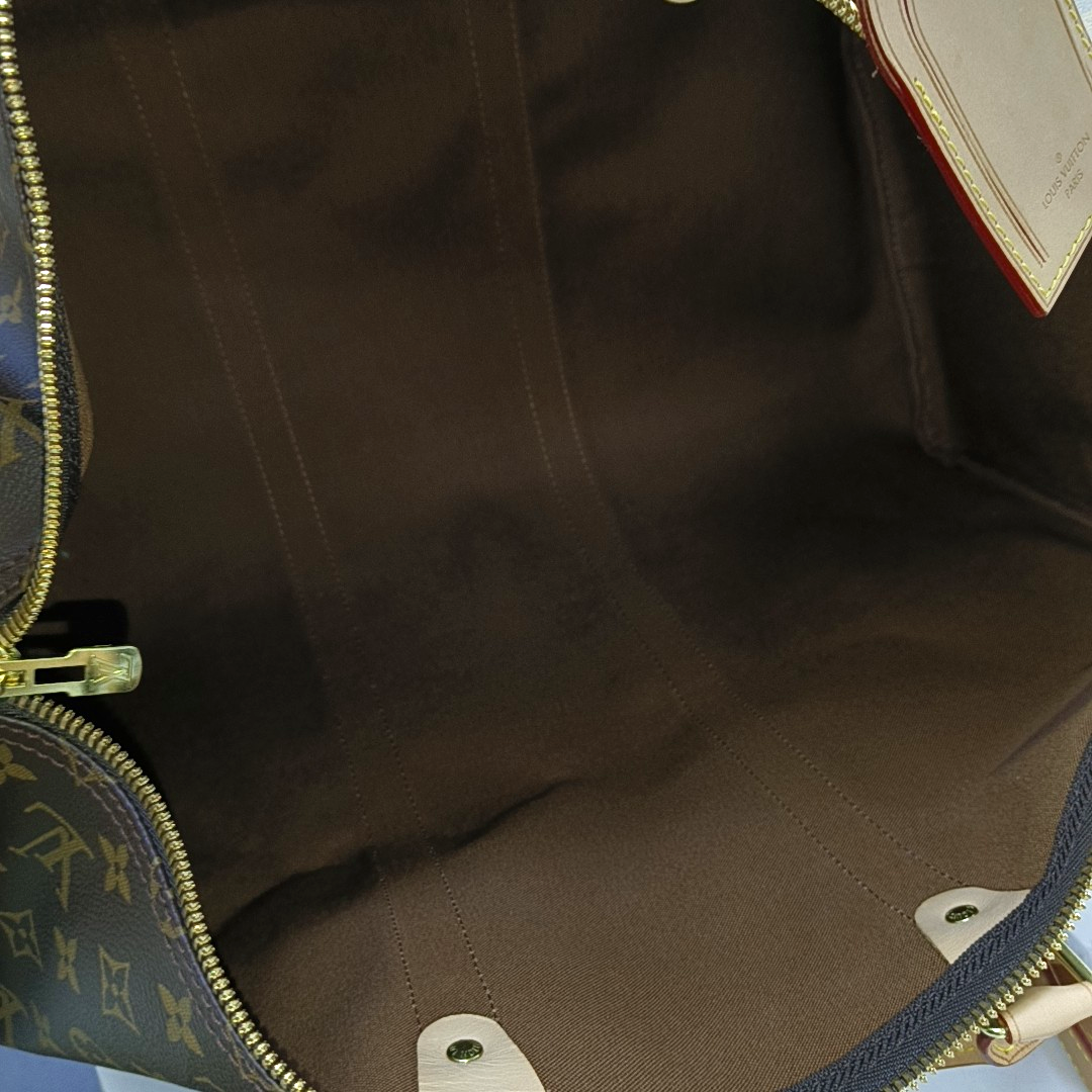 LOUIS VUITTON KEEPALL 50, brown coated canvas monogram Boston bag, shoulder bag, handbag with golden hardware and detachable strap-(SKU)-958409659
