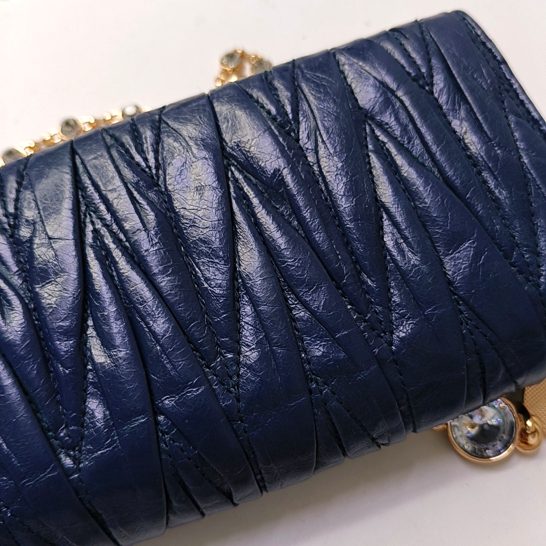 Miu Miu Dark Blue Sheepskin Stitched Wallet Golden hardware-(SKU)-950467224