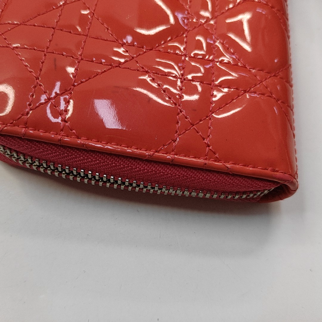 DIOR Lady Dior Red patent leather wicker pattern quilted wallet Golden hardware-(SKU)-945065064