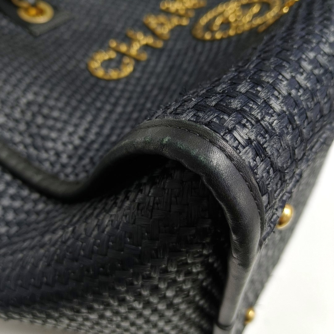 CHANEL DEAUVILLE large size black special material woven beach bag, shoulder bag, handbag with gold hardware and 31 chain links-(SKU)-971090385