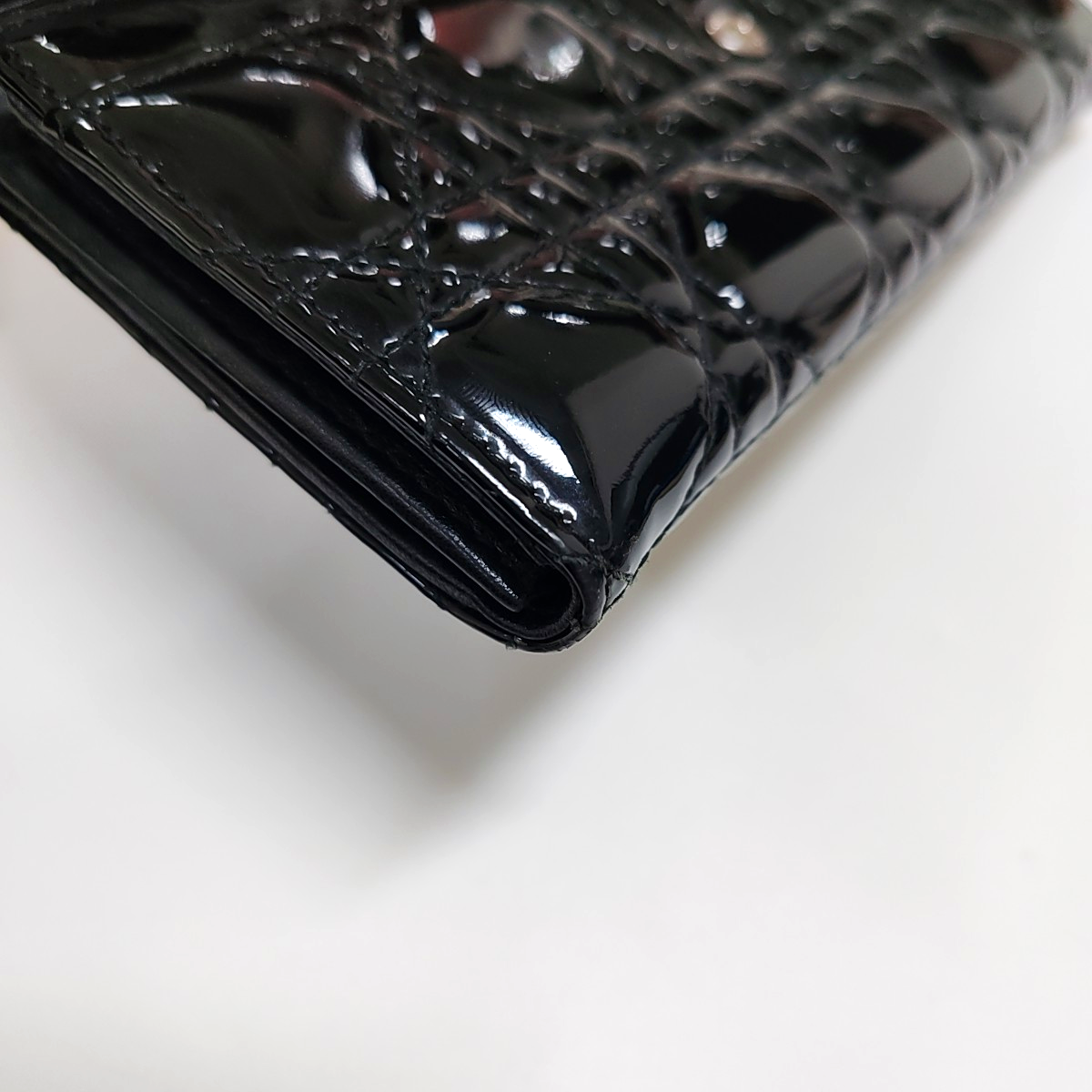 DIOR Lady Dior Black patent leather cannage quilted wallet Silver Hardware-(SKU)-959523317