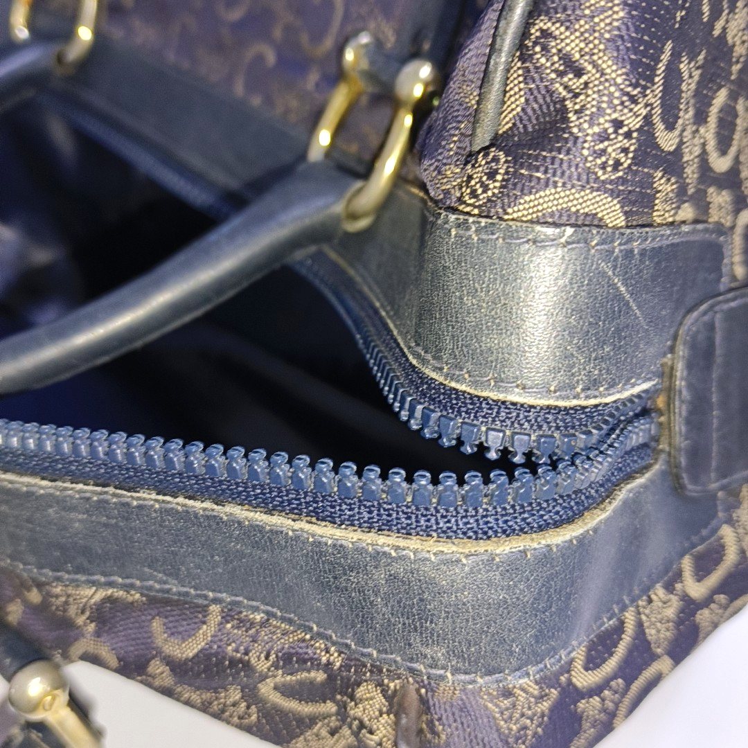 CELINE Dark Blue Canvas Triumphal Arch Handbag Golden hardware-(SKU)-933886003