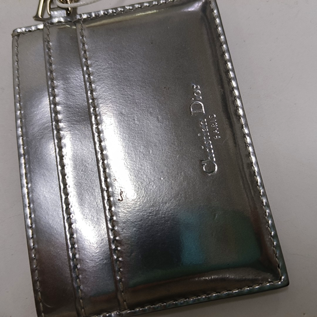 DIOR Lady Dior Silver Patent Leather Woven Quilted Diagonal Card Case Silver Hardware-(SKU)-941217354