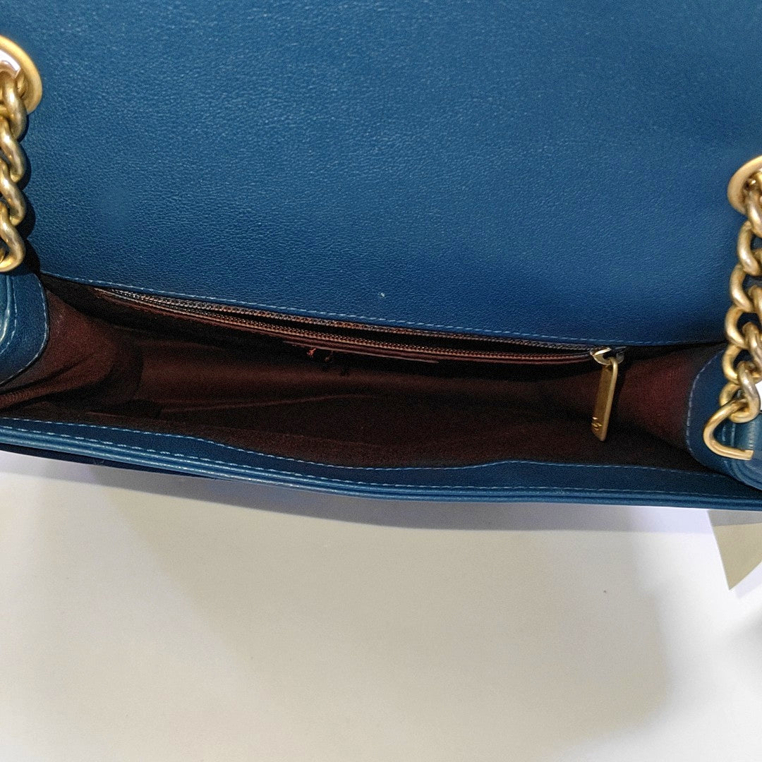 CHANEL FRONT CHAIN FLAP BAG Blue Lamb Skin Quilted Shoulder Bag with Chain Strap, Gold Hardware, 24 Flap-(SKU)-966738258