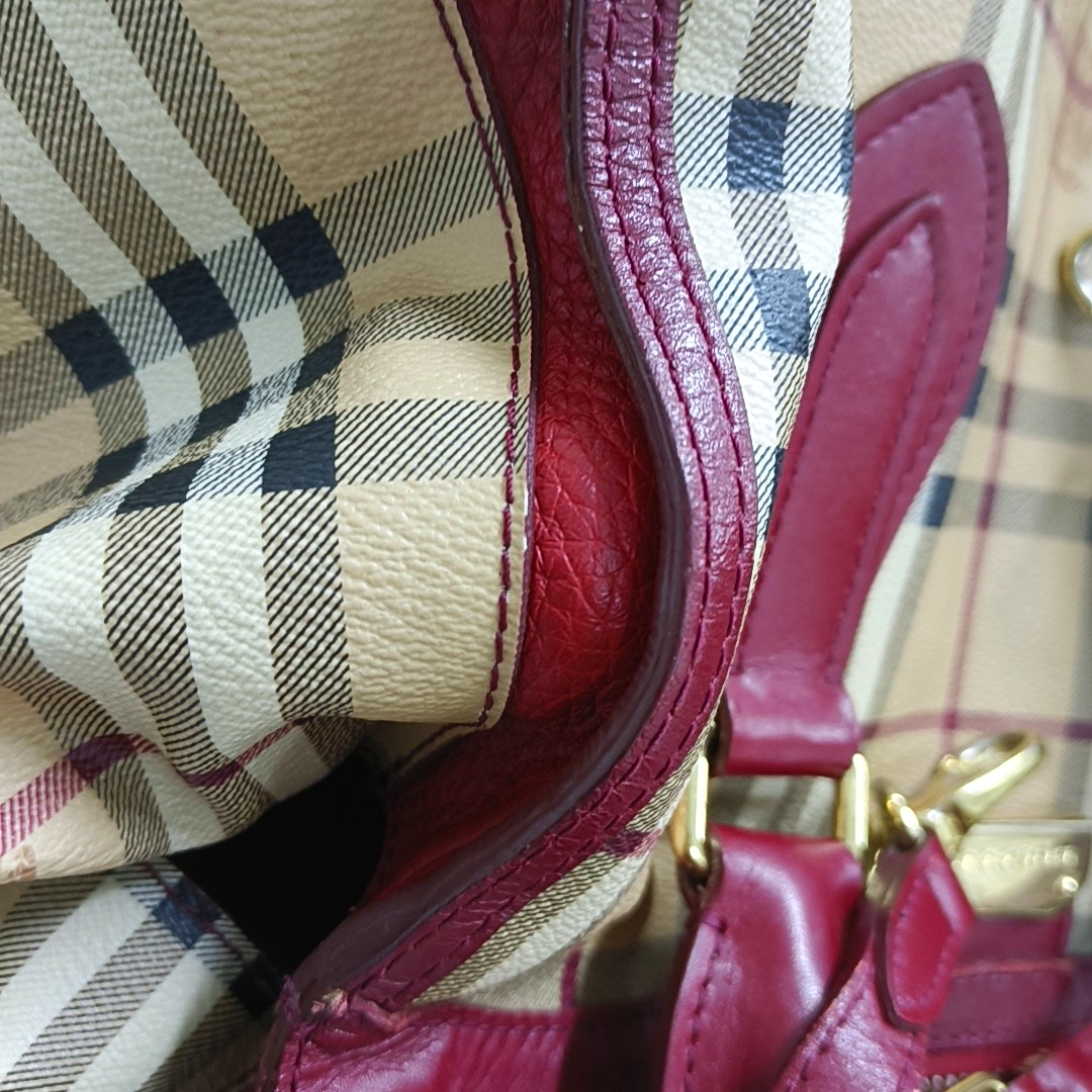 BURBERRY Red Coated Canvas Warhorse Plaid Single Shoulder Bag Golden hardware Removable shoulder strap-(SKU)-948483187