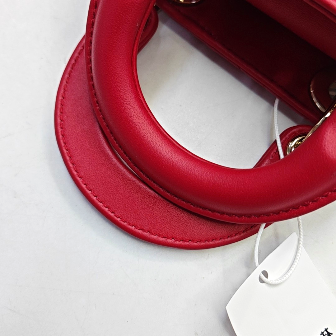 DIOR Lady Dior Super Mini Red Lamb Skin Cannage Embossed Three Compartment Crossbody Shoulder Bag Gold Hardware Removable Strap-(SKU)-952282248