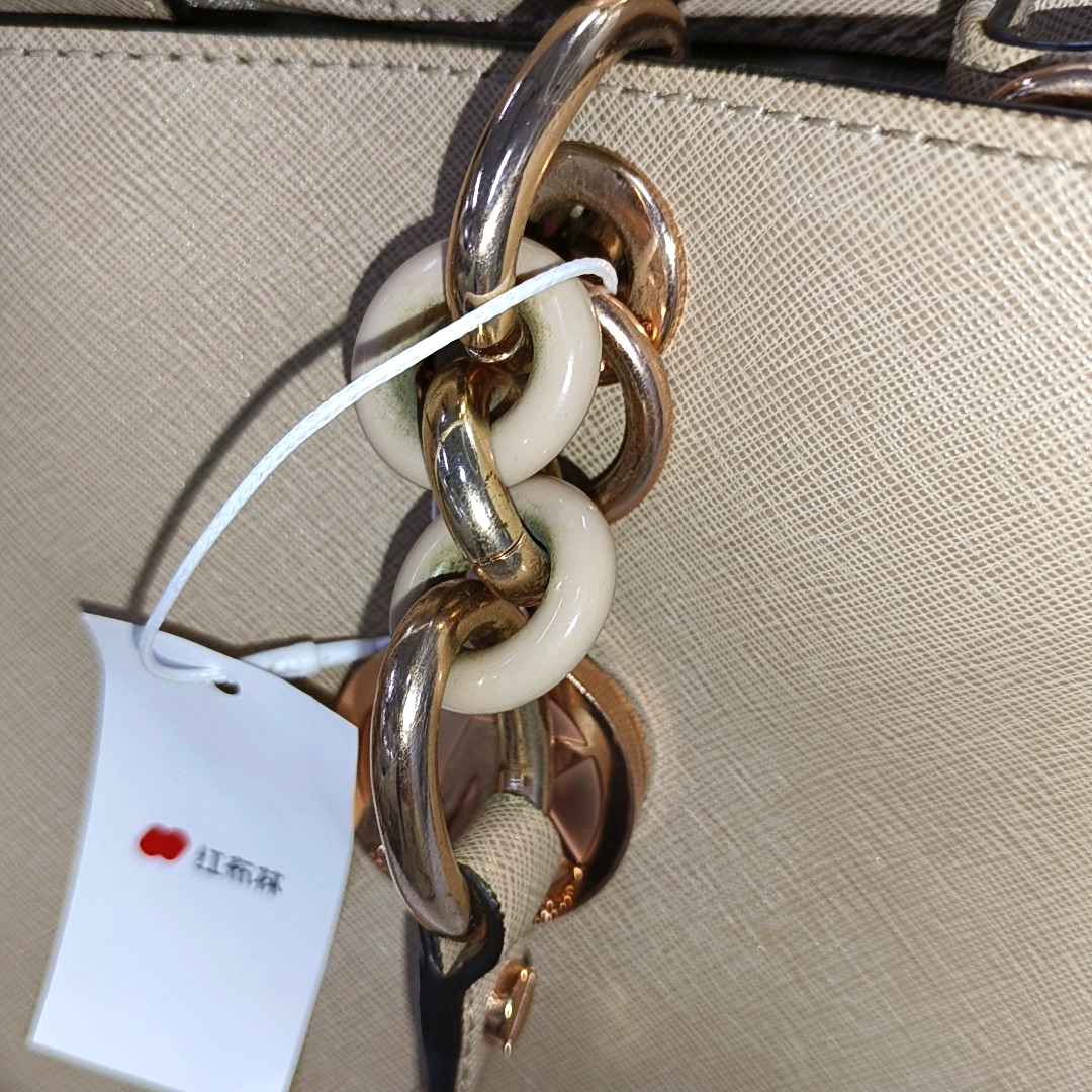MICHAEL KORS Cynthia Medium size Champagne Leather Stamped Single Shoulder Bag Handbag Crossbody Bag Rose Gold Hardware Removable shoulder strap-(SKU)-939079795