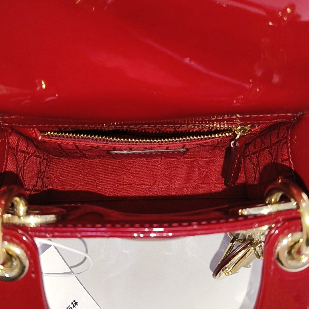 DIOR Lady Dior Mini Red Patent Lambskin Quilted Cannage Three Shoulder Bag, Crossbody Bag, Handbag with Detachable Strap-(SKU)-966772518