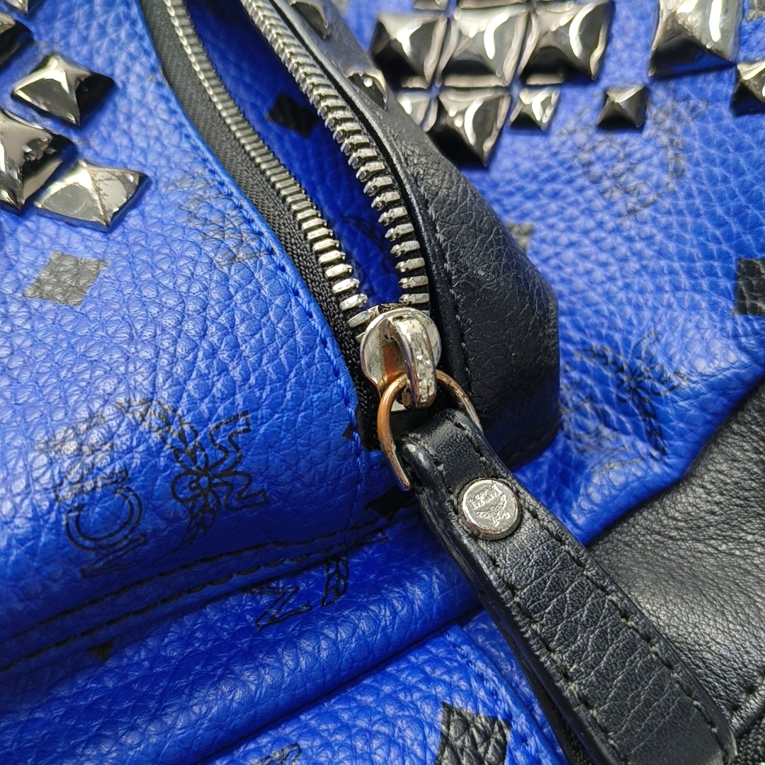 MCM STARK mini Blue Coated Canvas Monogrammed Stud Double Backpack Silver Black Hardware-(SKU)-943802065