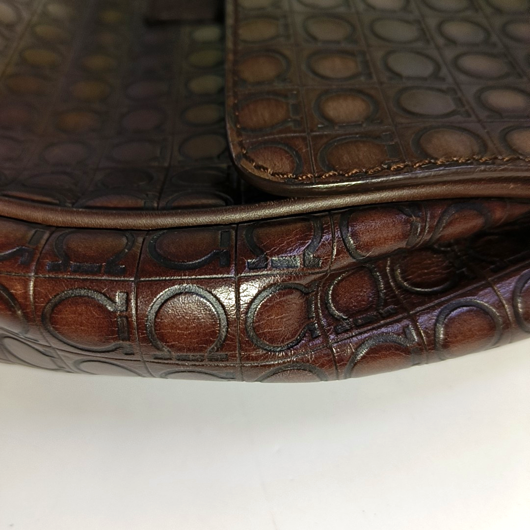 FERRAGAMO Chocolate Brown Leather Embossed Clutch Silver Hardware-(SKU)-942092439