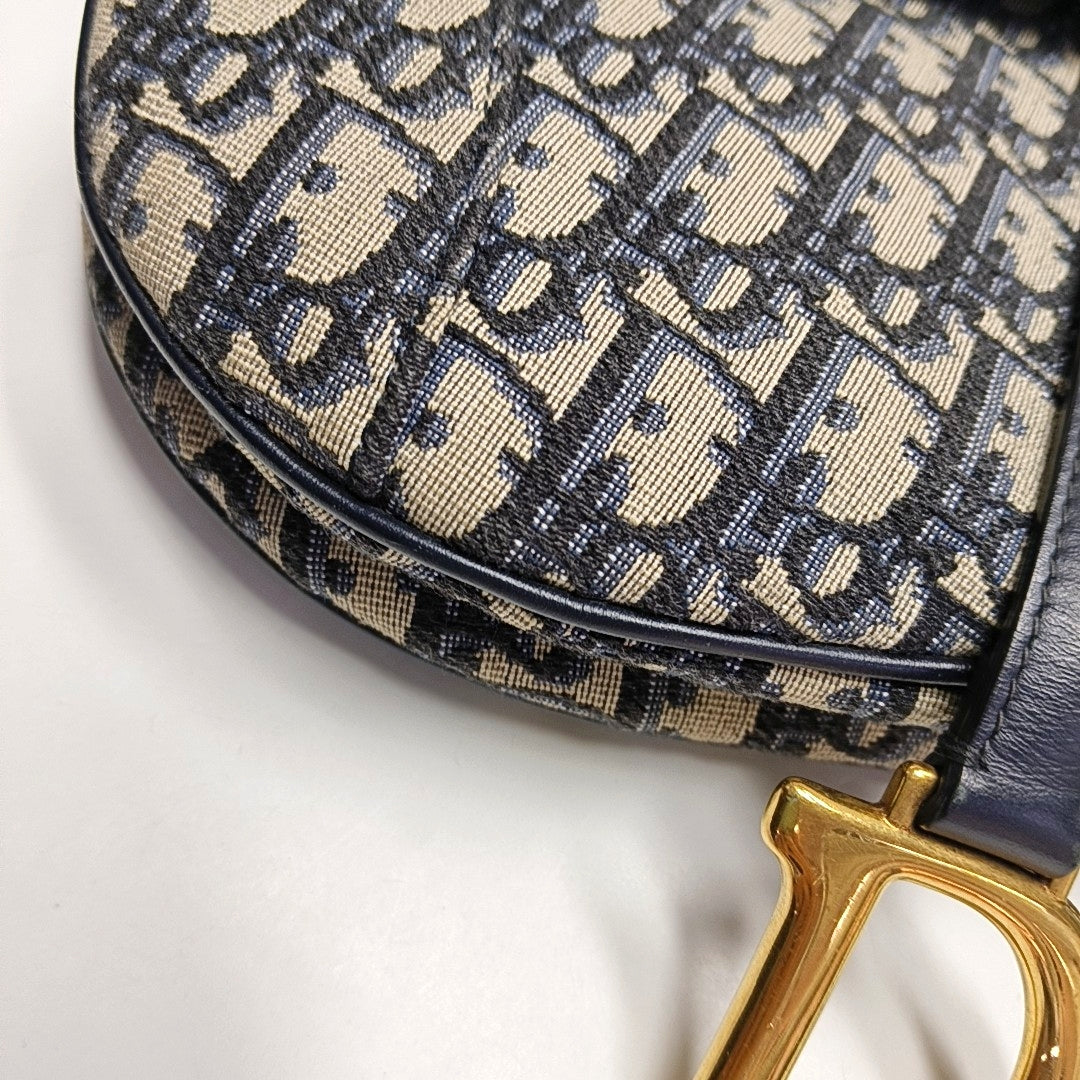 DIOR Saddle Small Blue Canvas Monogram Damier Embossed Saddle Bag, Shoulder Bag, Golden Hardware, Removable Strap-(SKU)-971349303