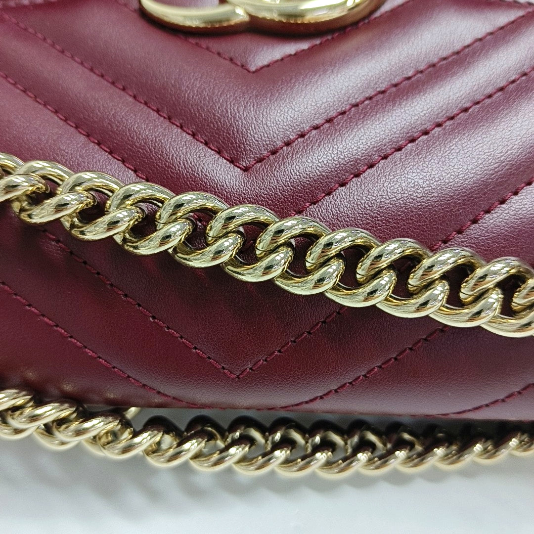 GUCCI GG Marmont Small Burgundy Calfskin Quilted Wave Pattern Crossbody Bag with Gold Hardware-(SKU)-971223206