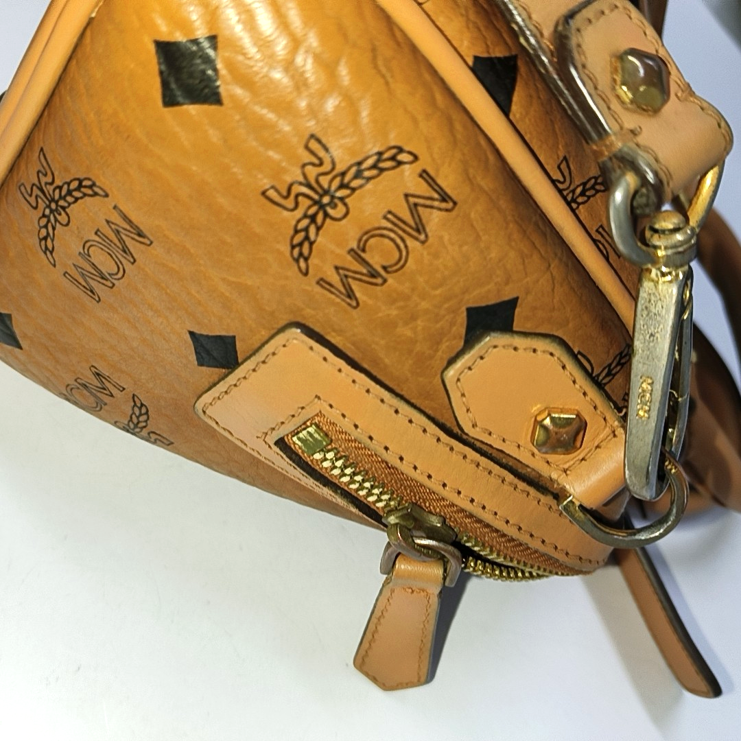 MCM ESSENTIAL Cognac Coated Canvas Monogram Print Boston Bag Single Shoulder Bag Handbag Crossbody Bag Golden hardware Removable shoulder strap-(SKU)-942033097