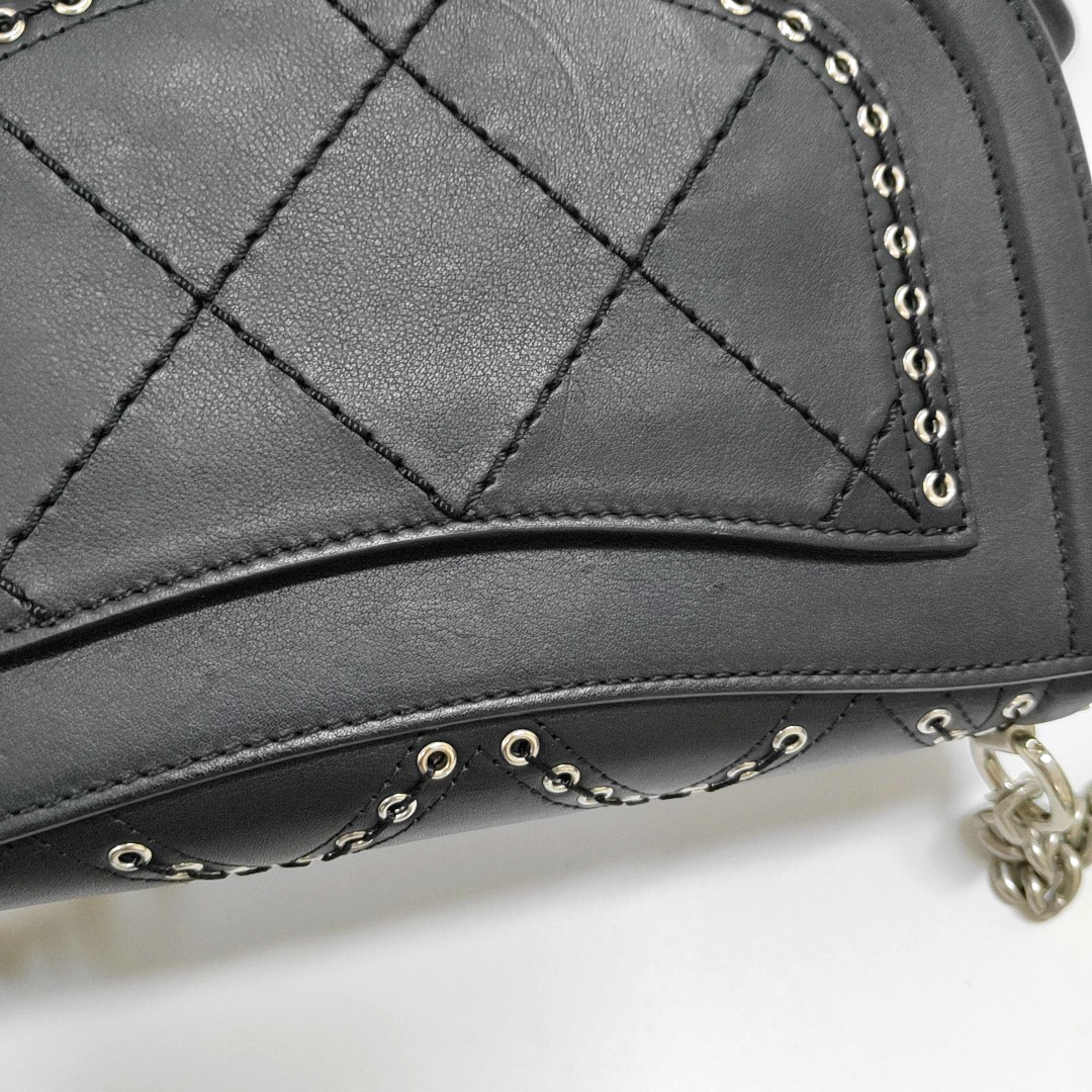 CHANEL COCO EYELETS Black Leather Quilted Single Shoulder Bag Crossbody Bag Silver Hardware 25 Clasp-(SKU)-952886640