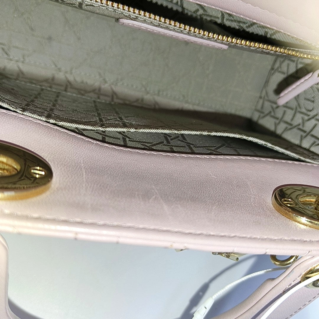 DIOR Lady Dior Small Pink Purple Lamb Skin Cannage 4-Compartment Shoulder Bag Crossbody Bag Gold Hardware Removable Strap-(SKU)-967754784