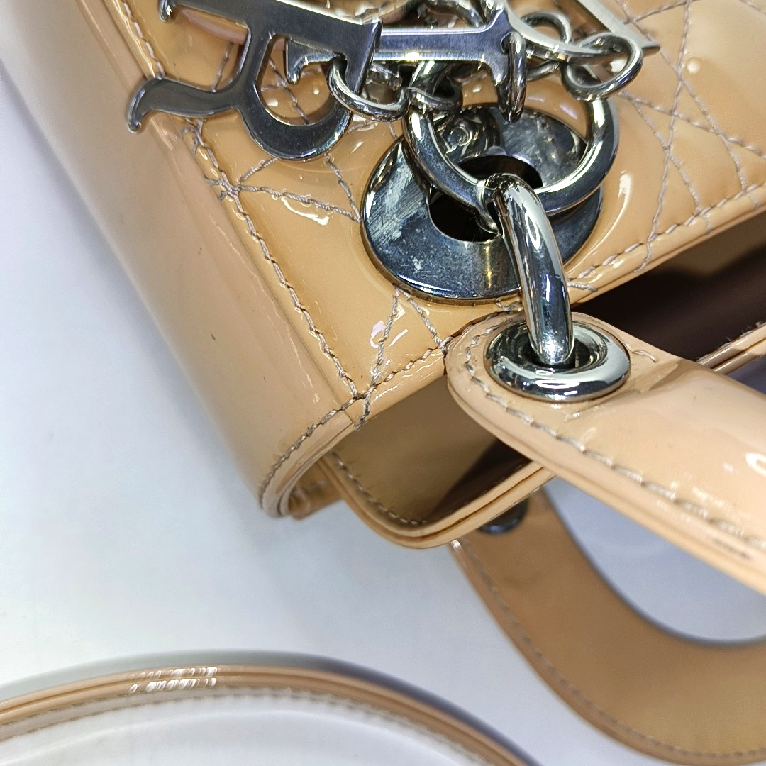 DIOR Lady Dior Mini Khaki Patent Leather Cannage Quilted Hobo Shoulder Bag Handbag Crossbody Bag 18 Clasp Silver Hardware Removable Shoulder Strap-(SKU)-961779565