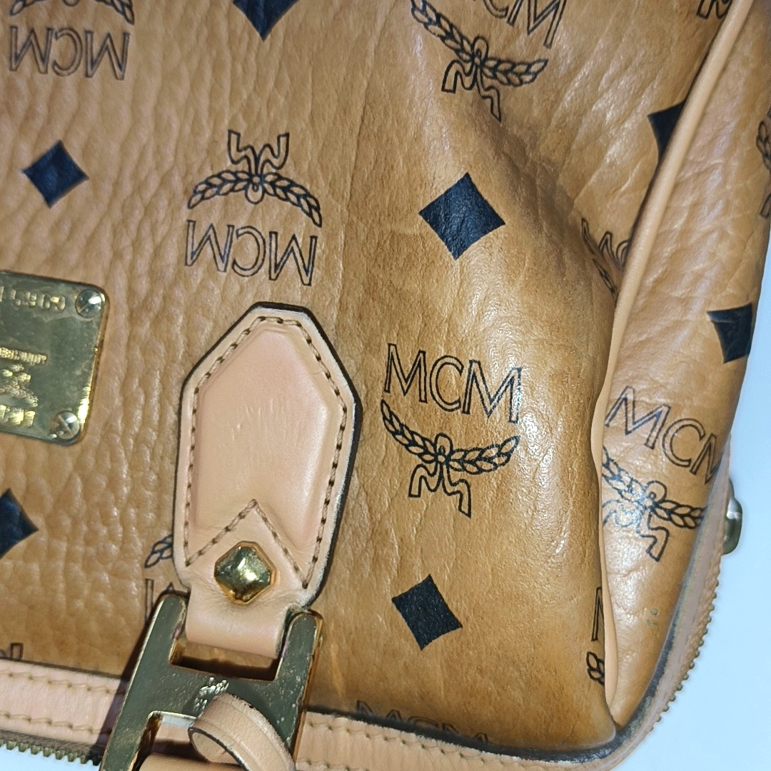 MCM ESSENTIAL Cognac Coated Canvas Monogram Print Boston Bag Single Shoulder Bag Handbag Crossbody Bag Golden hardware Removable shoulder strap-(SKU)-942033097