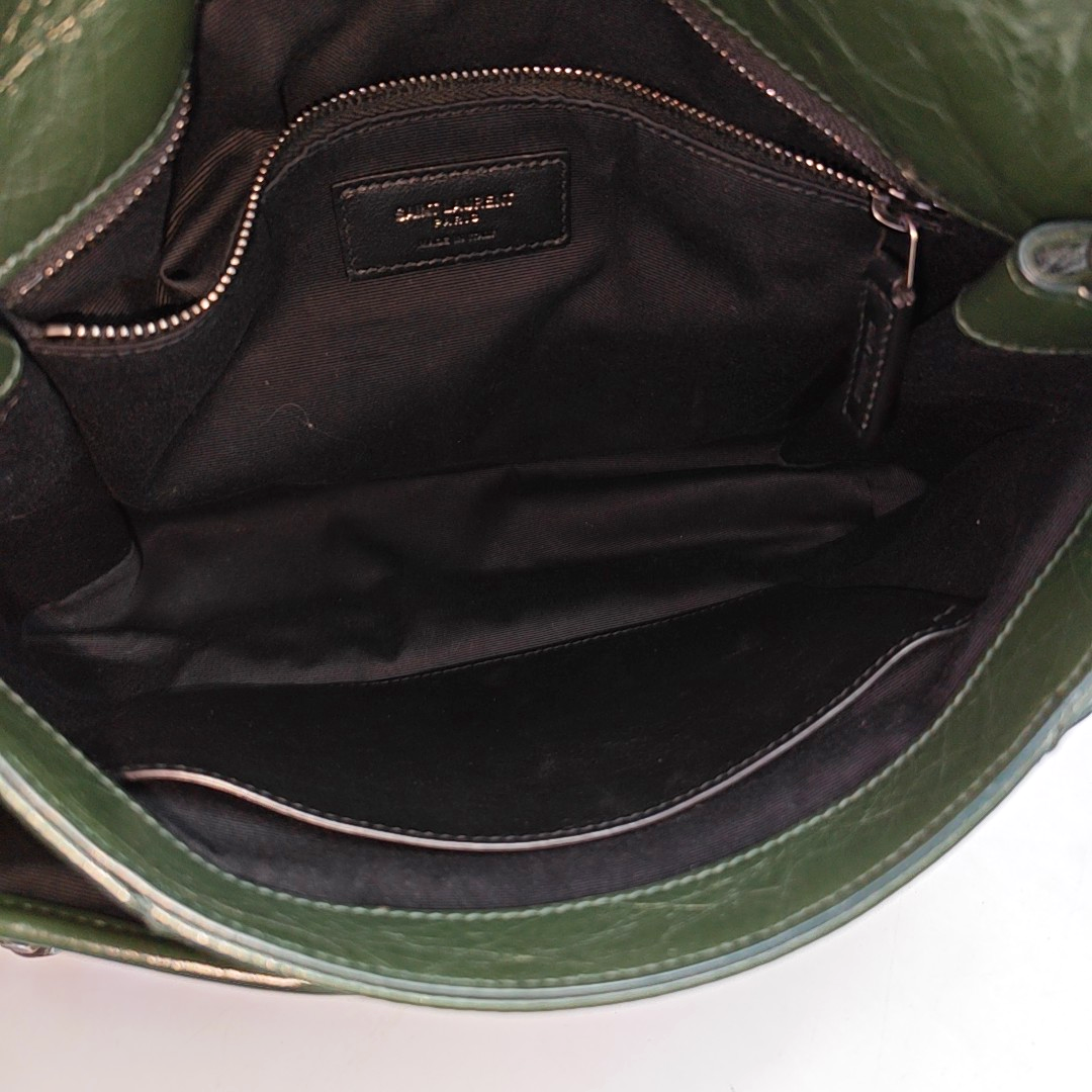 YSL NIKI Medium Size Dark Green Calf Leather V-Stitch Crinkle Single Shoulder Bag Crossbody Bag Black Hardware-(SKU)-961734723